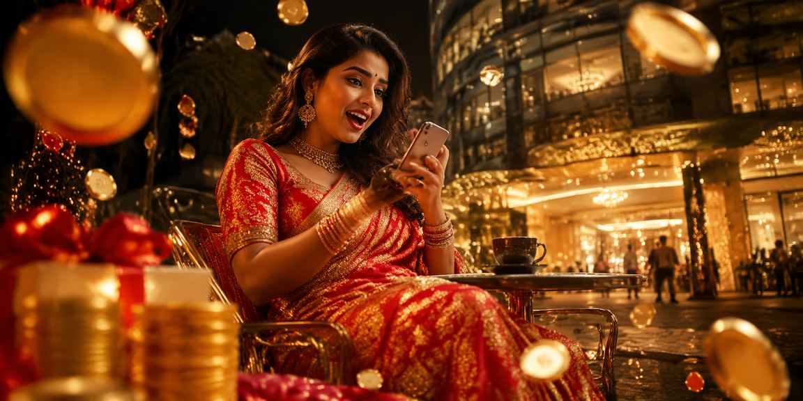 Indian woman celebrating with red envelope bonus